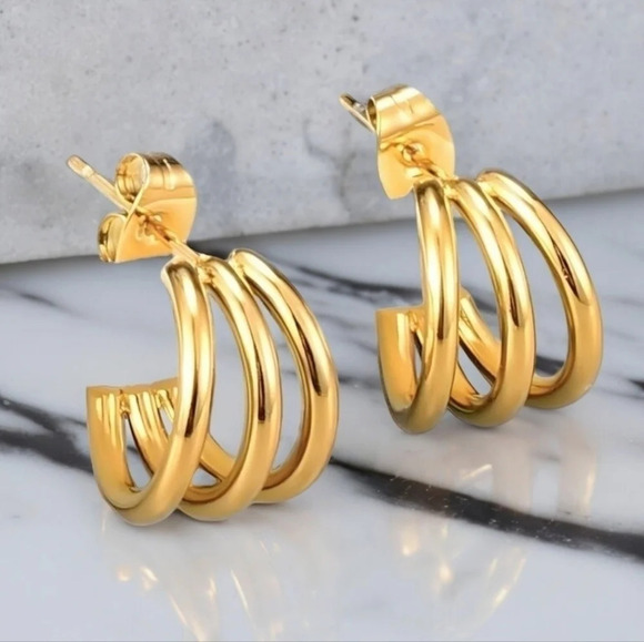 🆕 Small  Dainty Trendy Triple C-Hoop Earrings 18K Gold Plated Titanium Steel - Picture 1 of 9